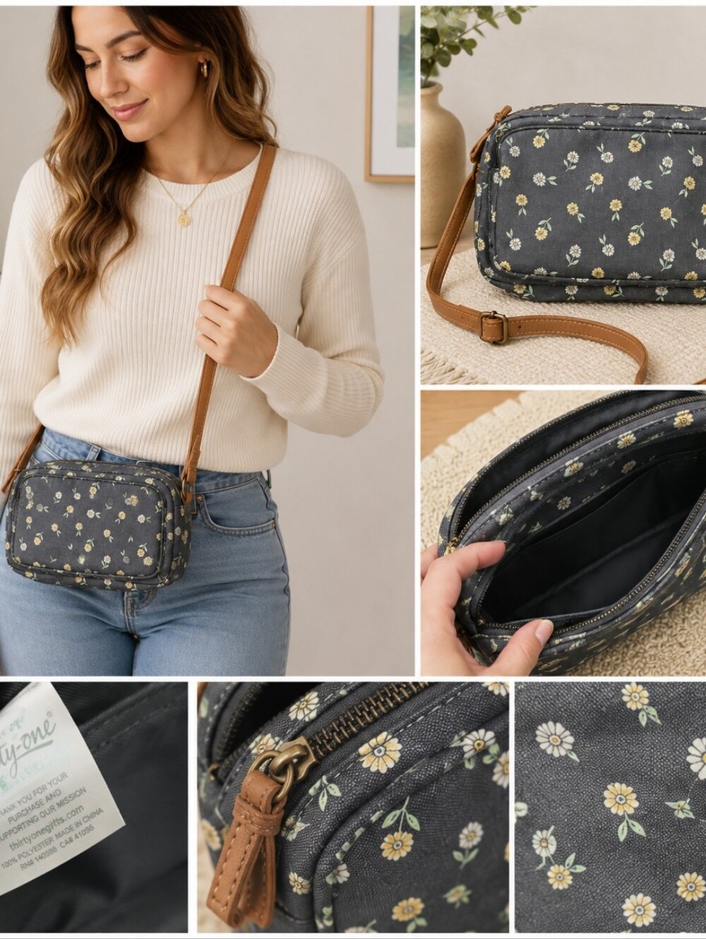 thirty-one Charcoal Floral Crossbody with Tan Strap